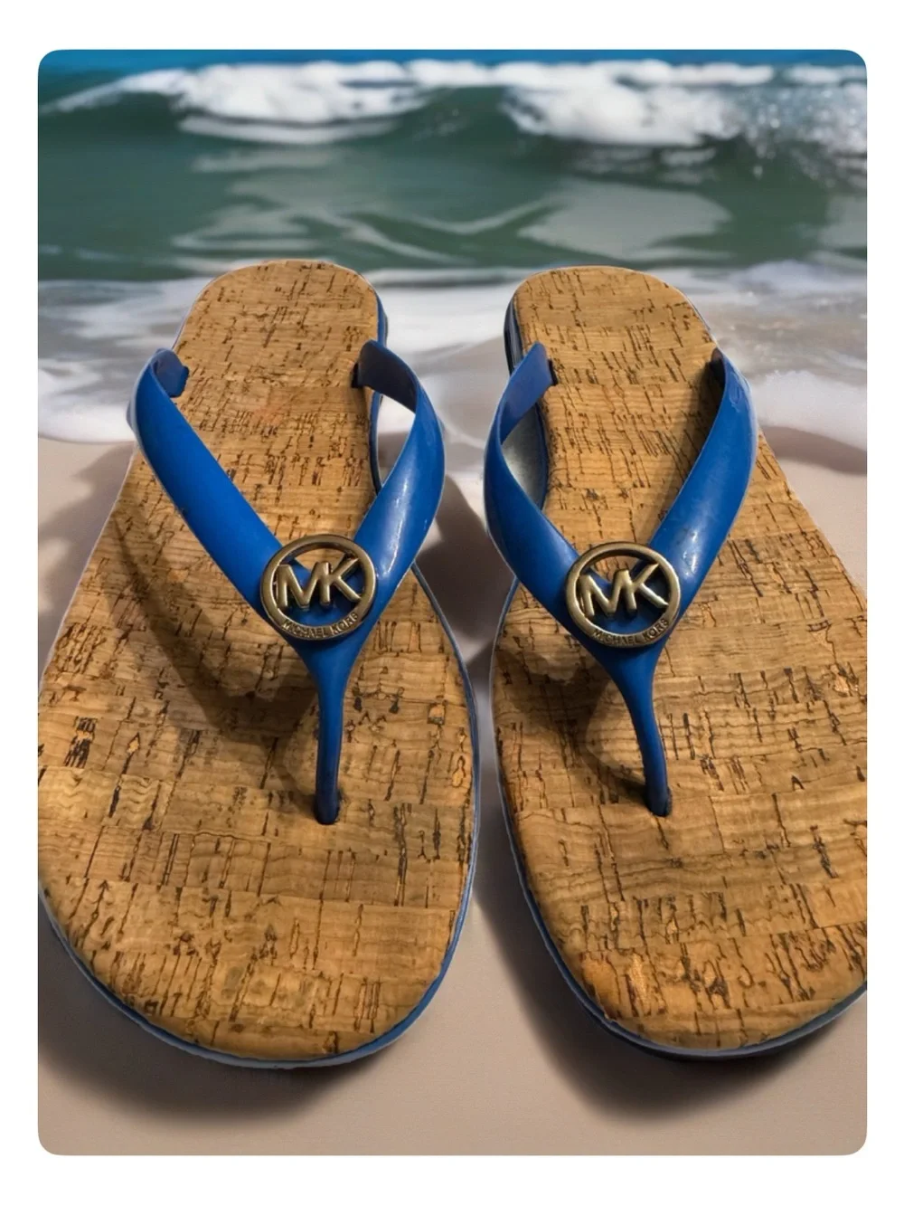 Michael Kors Blue Cork Wedge Thong Sandals with Gold MK Medallion
